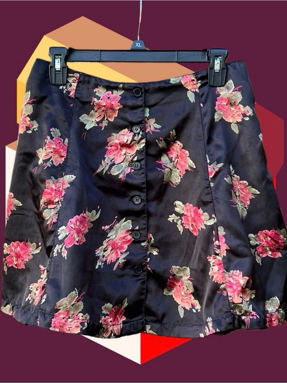 Just Class 90’s VTG Black Floral Mini Skirt Satin (Polyester) Button Front Sz M